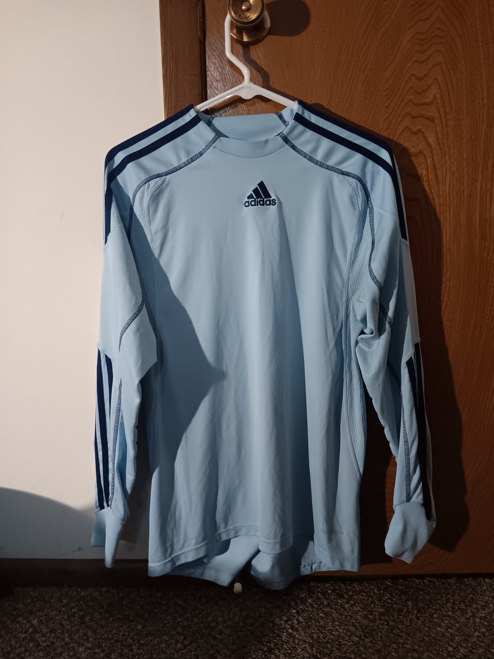 adidas Light Blue Long-Sleeve Rash Guard with Navy Stripes